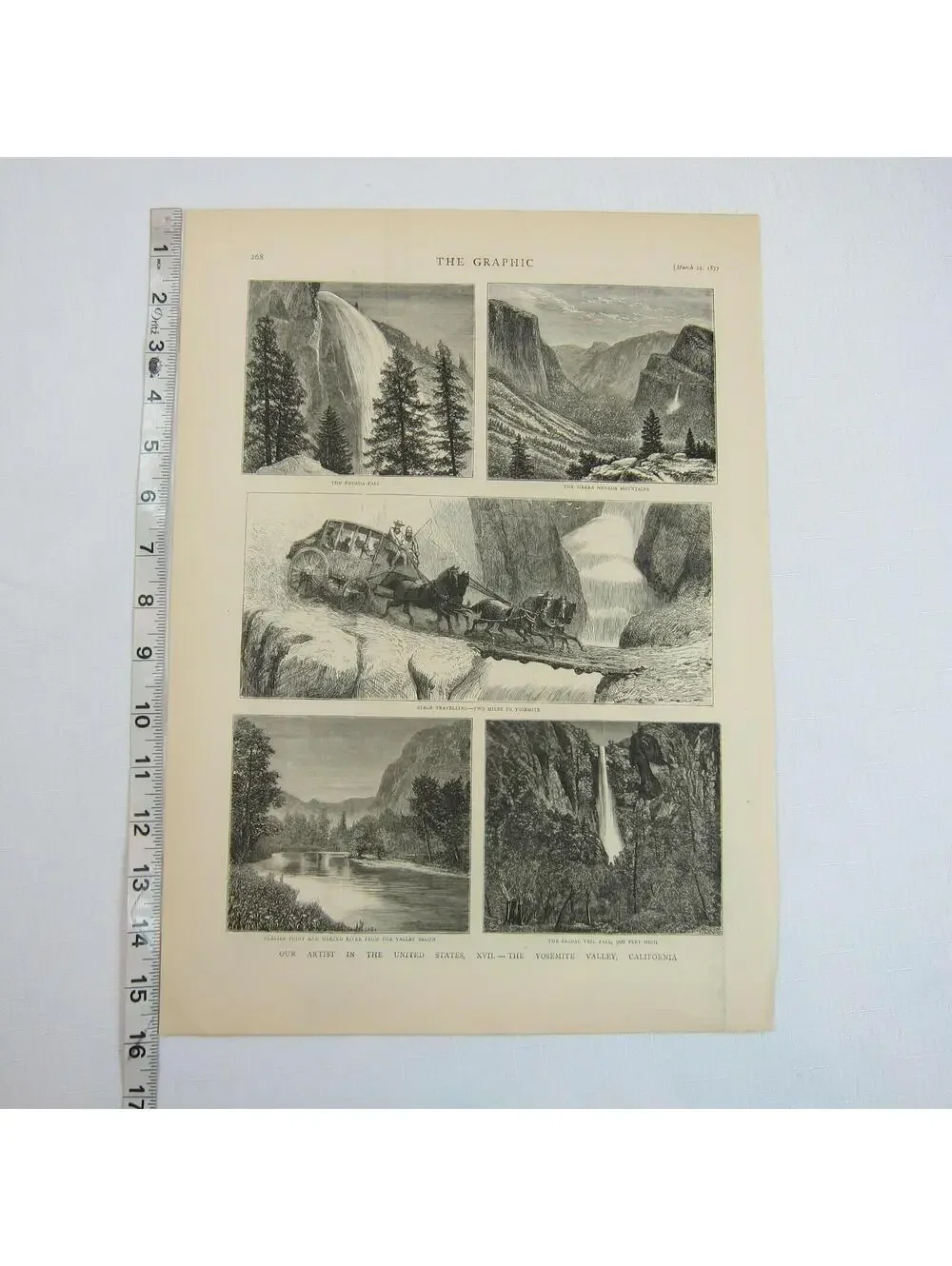 Antique 1877 Print Yosemite Valley California Nevada Fall Sierra, The Graphic